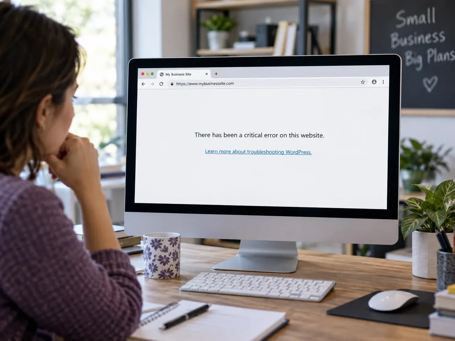 Monitor de escritorio muestra una página web con el aviso de error crítico de WordPress