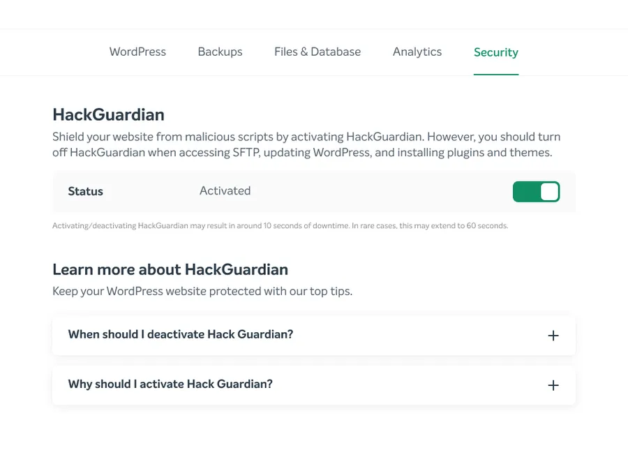 Interfaz de HackGuardian para proteger archivos de WordPress