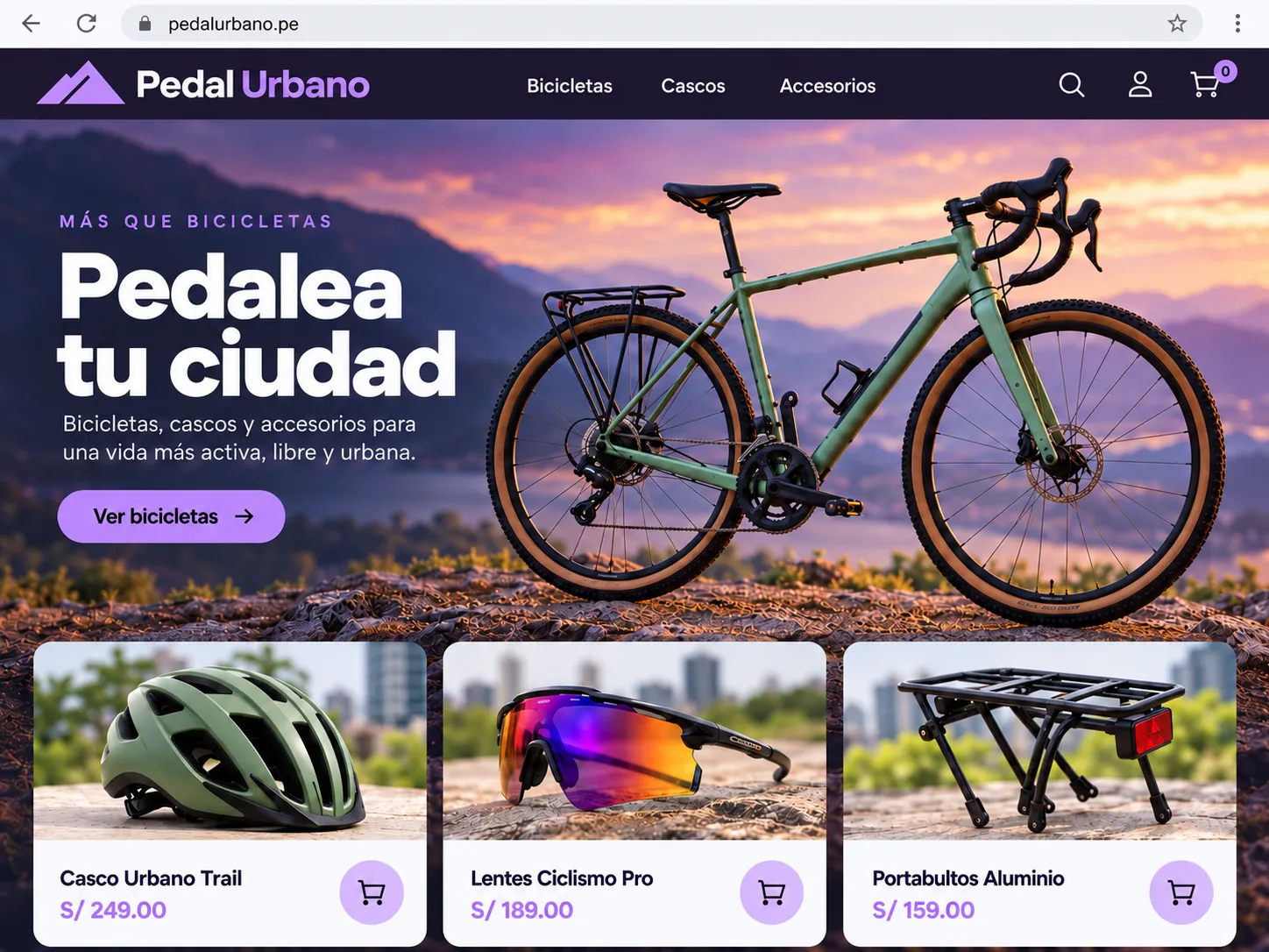 Vista completa de la tienda Pedal Urbano en pedalurbano.pe, con catálogo de bicicletas, cascos y accesorios